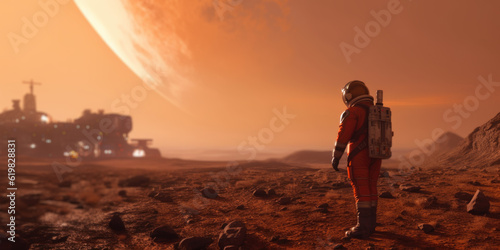 Astronaut in protective suit on barren desolute desert alien landscape, futuristic sci-fi planet star colony created by generative AI © Daxiao Productions