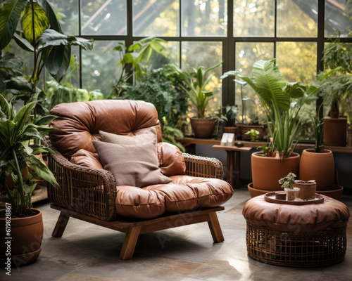 Large comfortable armchair in greenhouse conservatory with many plants and greenary, green peaceful inviting zone space at home AI generated