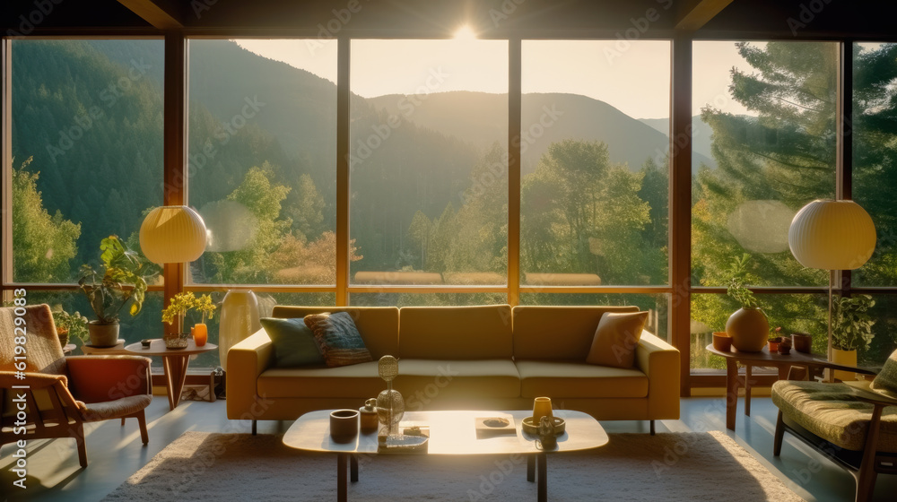 Contemporary home with large windows facing a forest and mountains, cosy simple dream home with vintage furniture in midcentury style AI generated