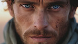 Close up portrait of an explorer adventurer, dusty dirty face of man in a desert, intense stare AI generated