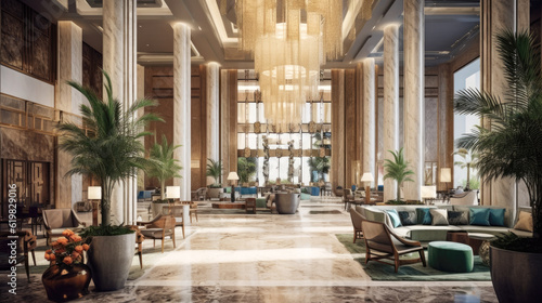Grand hotel lobby reception space, old style grandeour with marble floors and ornate chandelier AI generated