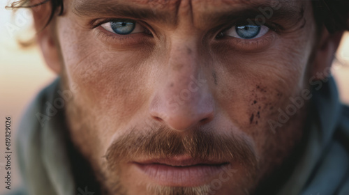 Close up portrait of an explorer adventurer, dusty dirty face of man in a desert, intense stare AI generated