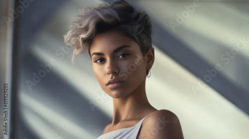 Portrait of beautiful hispanic woman with platinum blond pixie haircut, stylish trendy hairstyle AI generated photo