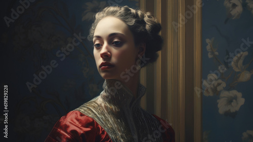 Portrait of a elegant woman in victorian period clothing and floral botanical wallpaper , fine art aesthetic renaissance historical painting style AI generated