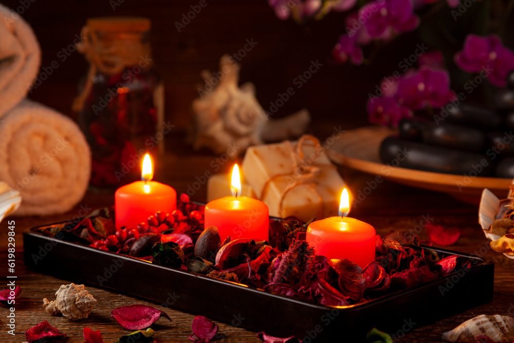 Candles and an intimate atmosphere. SPA accessories. Candles and an intimate atmosphere. SPA accessories.