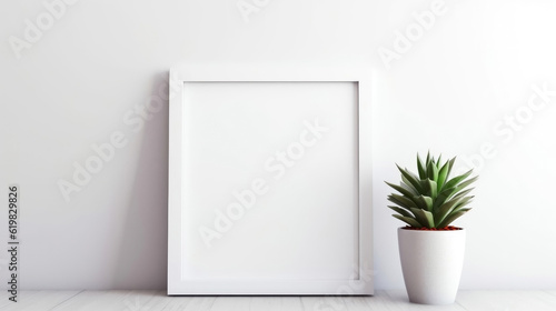 White frame mockup with a plant in a pot on a white background. Generative AI.
