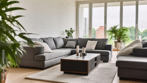 Comfortable gray couches placed near table on rug in light stylish living room with windows and green potted plant at villa. Generative AI