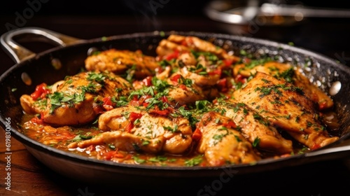 Pollo alla Diavola garnished with fresh parsley and red pepper flakes