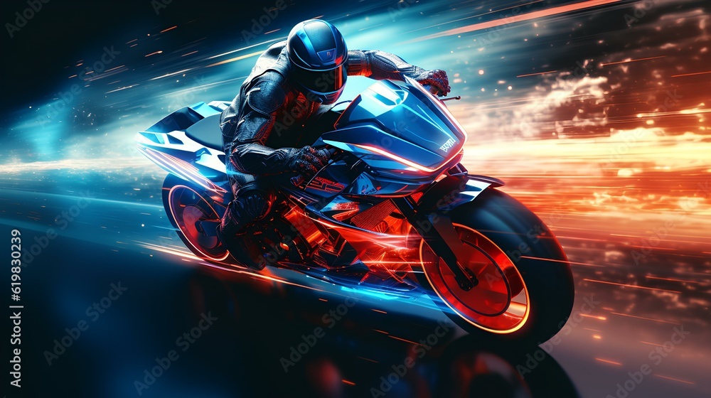 Biker driving motocycle with fast speed futuristic 3d graphic 