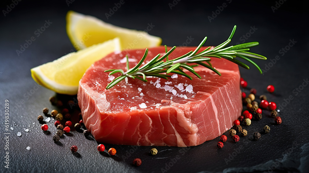 Fresh raw tuna steak with rosemary On black rustic background. Generative AI Fresh raw tuna steak with rosemary On black rustic background. Generative AI