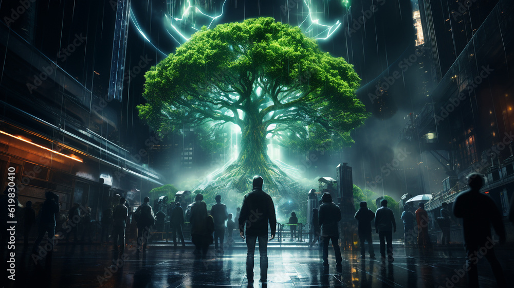a green glowing tree of life in the center of a squarespace in a ...