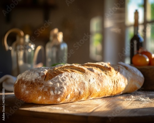 warm, freshly-baked ciabatta loaf on a rustic table with flour and a rolling pin