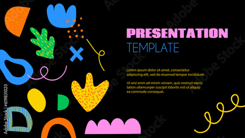 Abstract Y2K naive presentation template with hand drawn organic doodle shapes. Vector banner in 70s groovy retro style