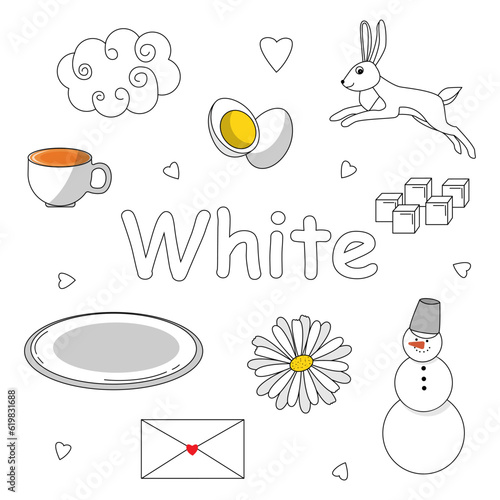 White color. Educational flashcard for kids. Presculus worksheet.