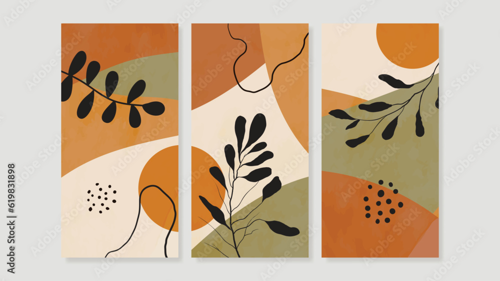 Set of abstract foliage wall art vector. Leaves, geometric shapes, earth tone colors, leaf branch in hand drawn style. Watercolor wall decoration collection design for interior, poster, cover, banner. Set of abstract foliage wall art vector. Leaves, geometric shapes, earth tone colors, leaf branch in hand drawn style. Watercolor wall decoration collection design for interior, poster, cover, banner.