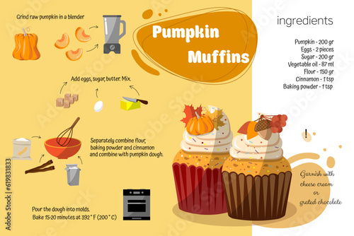 pumpkin muffin. Step by step recipe with ingredients. Home cooking book. Easy Recipes.