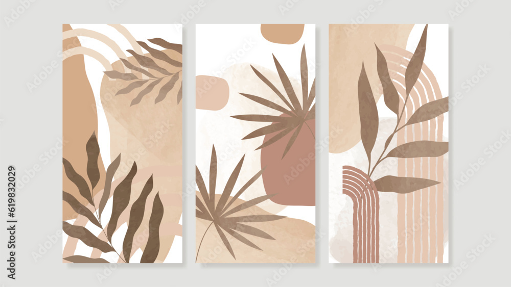 Set of abstract foliage wall art vector. Leaves, geometric shape, earth tone color, tropical leaf in hand drawn style. Watercolor wall decoration collection design for interior, poster, cover, banner.