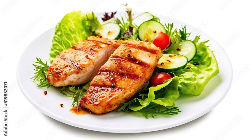 Chicken fillet with salad on white background. Healthy food, diet lunch concept. Top view. Generative AI Chicken fillet with salad on white background. Healthy food, diet lunch concept. Top view. Generative AI