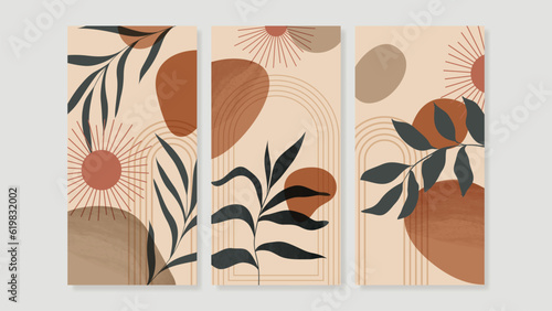 Set of abstract foliage wall art vector. Leaves, geometric shape, earth tone color, tropical leaf in hand drawn style. Watercolor wall decoration collection design for interior, poster, cover, banner.