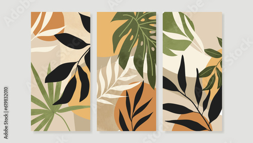 Set of abstract foliage wall art vector. Leaves, organic shape, earth tone color, tropical leaf in hand drawn style. Watercolor wall decoration collection design for interior, poster, cover, banner.