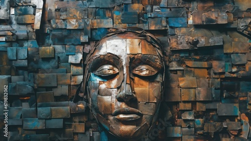 Concrete and welded rusty corroded steel metal sculpture portrait of a human female face, expressive and depressing post industrial modern decay art - generative AI