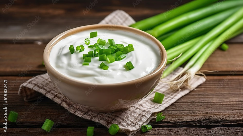 Fresh Sour Cream with Green Onions Served in a Bowl on a Wooden Background. Generative AI Fresh Sour Cream with Green Onions Served in a Bowl on a Wooden Background. Generative AI