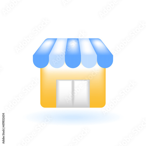 3D Store Retail Shop Pop-up Store Icon. Marketing Online Shopping Concept. Glossy Glass Plastic Pastel Color. Cute Realistic Cartoon Minimal Style. 3D Render Vector Icon UX UI Isolated Illustration