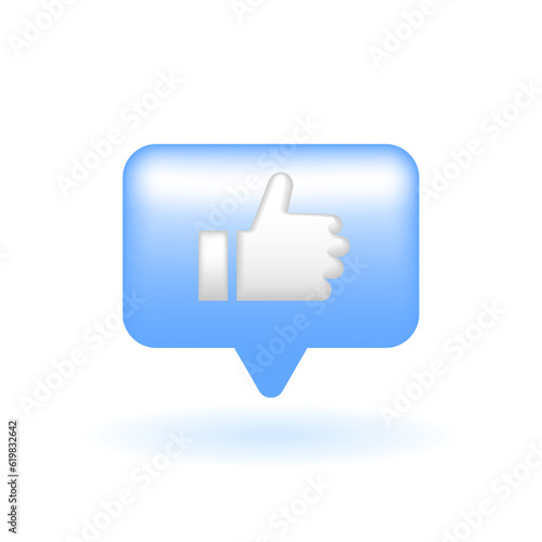 3D Like Thumbs Up Speech Bubble Chat Icon. Marketing Online Shopping Concept. Glossy Glass Plastic Pastel Color. Cute Realistic Cartoon Minimal Style. 3D Render Vector Icon UX UI Isolated Illustration