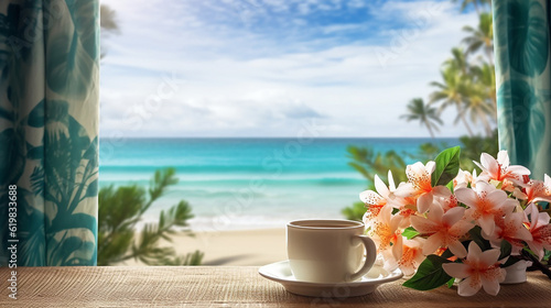 Cup of coffee on the blue ocean and blue sky Generative AI