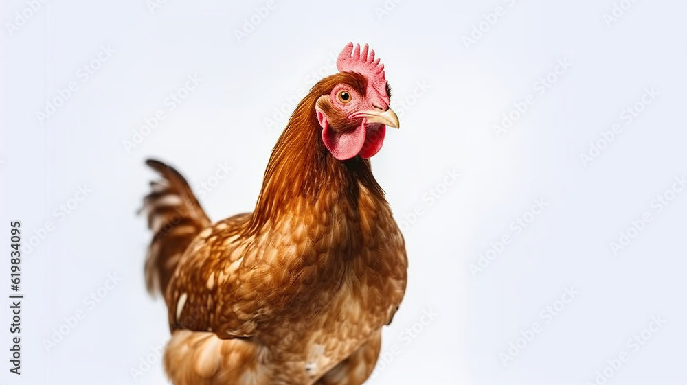 Closeup of young red domestic chicken standing on white background. Generative AI