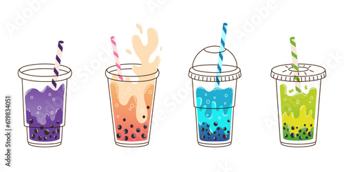 Set colorful four glasses of bubble milk tea with sticks and tapioca in flat style isolated on white background. For print, design, poster