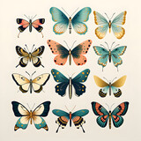 Collection of various beautiful butterflies, flat hand drawn illustrations isolated on background, set of colorful insects, art created with generative AI