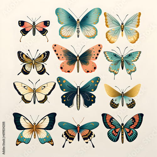 Collection of various beautiful butterflies, flat hand drawn illustrations isolated on background, set of colorful insects, art created with generative AI © Favebrush