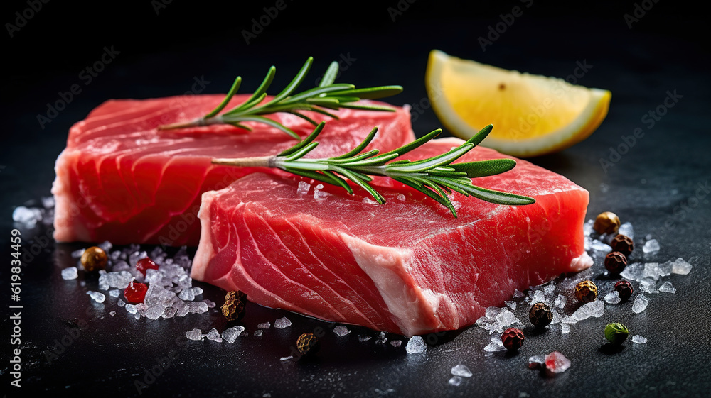Fresh raw tuna steak with rosemary On black rustic background. Generative AI