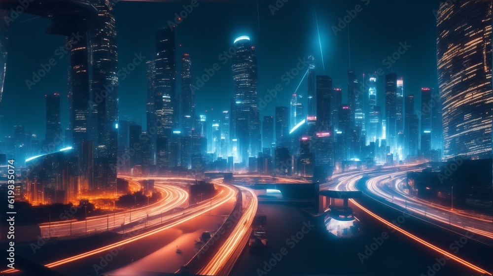 A futuristic cityscape featuring advanced technology and artificial intelligence. Generated AI