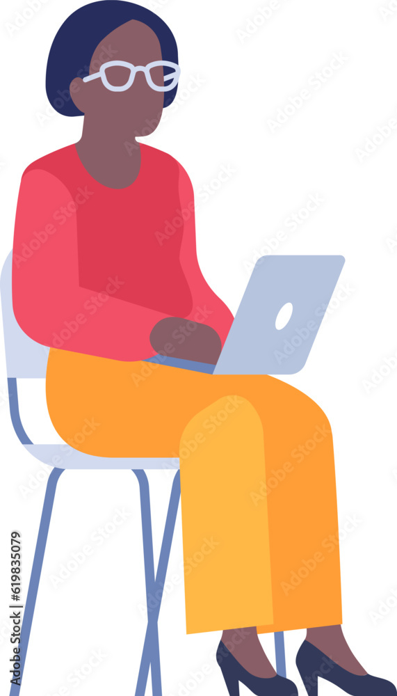 Sitting woman in glasses working on laptop. Flat character Sitting woman in glasses working on laptop. Flat character