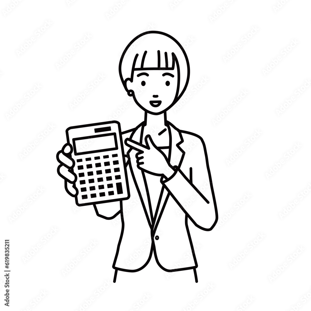 a woman in business suit style recommending, proposing, showing estimates and pointing a calculator with a smile a woman in business suit style recommending, proposing, showing estimates and pointing a calculator with a smile