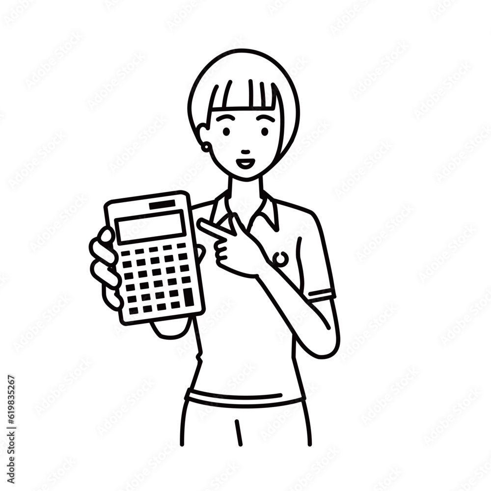 a woman in polo shirt recommending, proposing, showing estimates and pointing a calculator with a smile