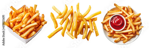 Set of french fries, with ketchup isolated on transparent background, top view