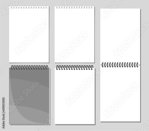 Vector Notepad Set, collection of 5 cut out illustrations of variety blank notepad pages, group of opened and closed spiral notepads on grey background, white a4 format vertical copyspaces