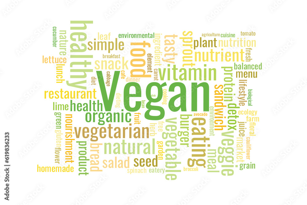 Fototapeta premium Illustration in the form of a cloud of words related to vegan.