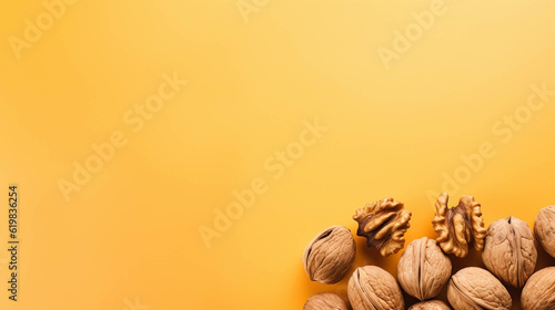 walnuts on colorful background. empty copy space on the side for text. Bright Vibrant colors. Generative AI.