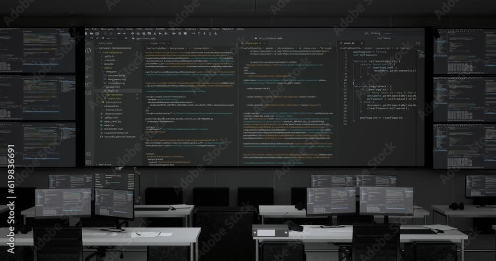 Programming Code Moving On Big Black Screen Background Horizontal With ...