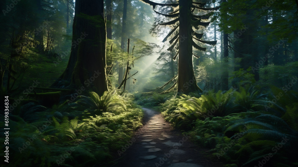 Enchanting trail through a lush verdant temperate forest of old trees, moss and green vegetation. 
