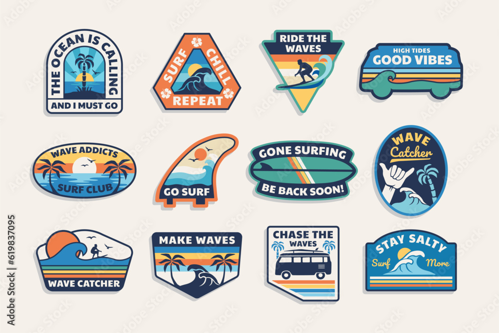 Set of vector surfing theme badge. Perfect t-shirt prints, posters, and other uses. - obrazy, fototapety, plakaty 