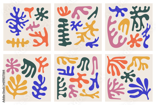 Colorful organic forms. Hand drawn simple shapes. Flat vector shapes collection influenced by Naive art and Matisse's cut-paper works. Abstract backgrounds with floral elements.