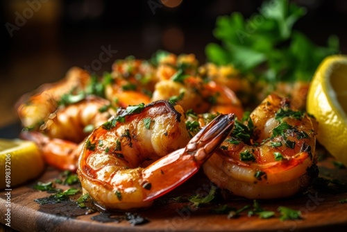 Scampi alla Griglia with perfectly grilled shrimp, a lemon wedge, and a sprinkle of parsley photo