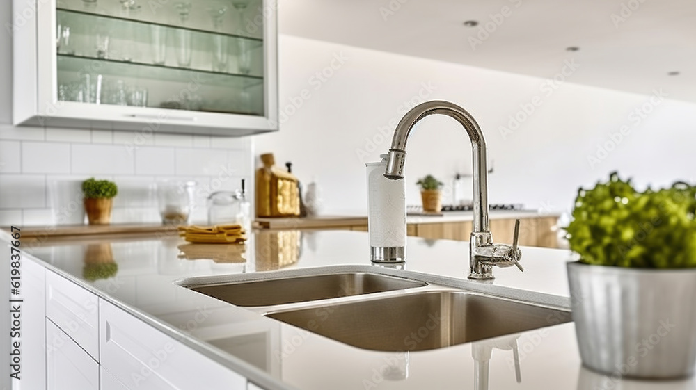 Kitchen with modern appliances and white cabinets with sink in light stylish with Glass bottle placed on. Generative AI Kitchen with modern appliances and white cabinets with sink in light stylish with Glass bottle placed on. Generative AI