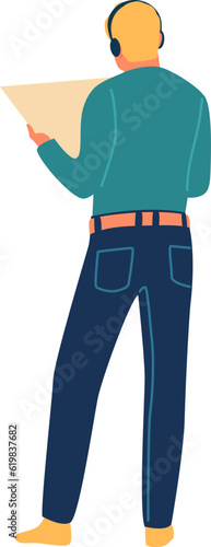 Tourist back view. Man in headphones looking on map