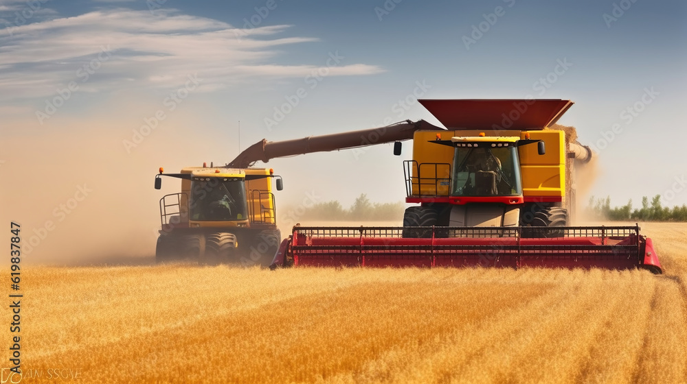 Obraz premium Witnessing the Power of Combine Harvesting in Wheat Fields. Generative AI